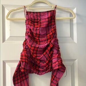 Free people pink and red checkered wrap tank